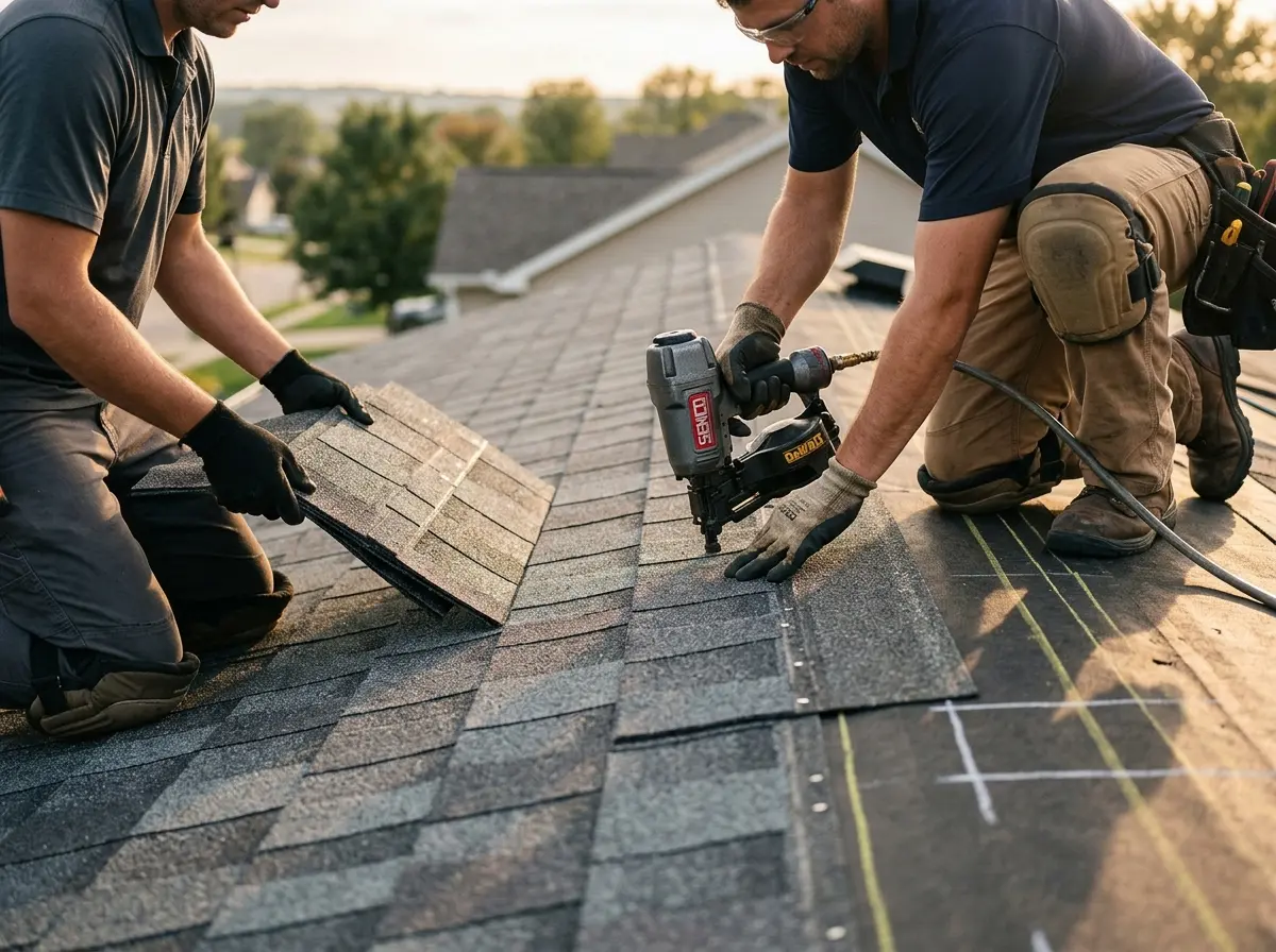 Professional roofer working on a residential roof in Circleville